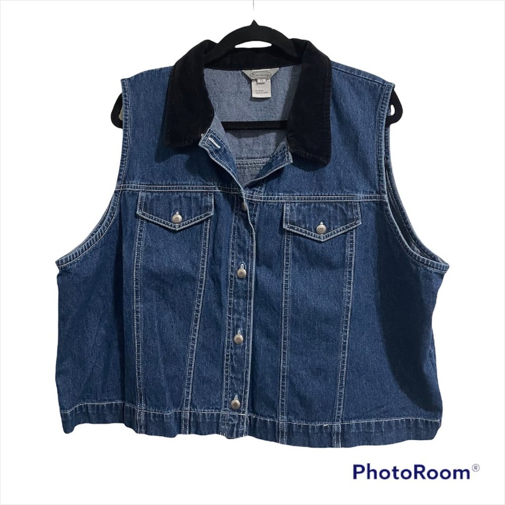 Stonebridge Plus Vintage Denim Vest w/ Black Velvet Collar